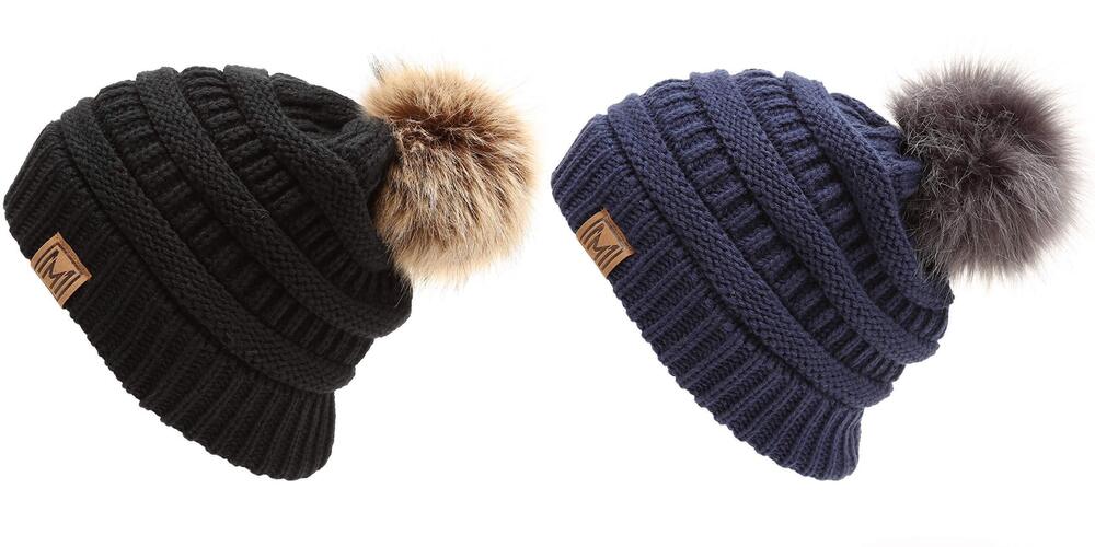 3121 Soft Stretch Cable Knit Warm Skully Faux Fur Pom Pom Beanie Hats Black